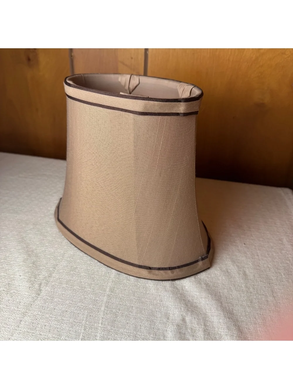 Vintage Bell Shaped Beige Fabric Lampshade Brown Trim 7 Inch Tall